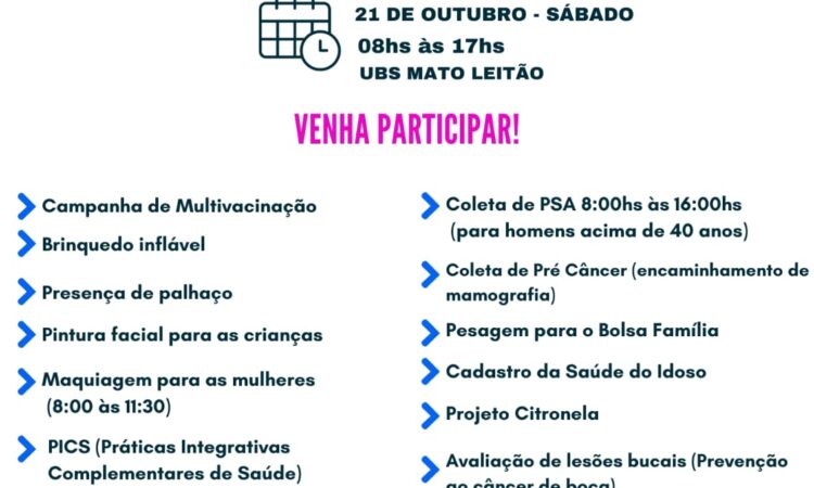 2ª FEIRA DA SAÚDE E DIA D DA VACINAÇÃO NESTE SÁBADO