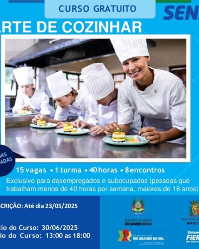 ÚLTIMO DIA PARA SE INSCREVER NO CURSO ARTE DE COZINHAR
