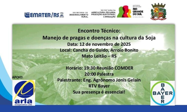 CULTURA DE SOJA É TEMA DE PALESTRA TÉCNICA NO DIA 12